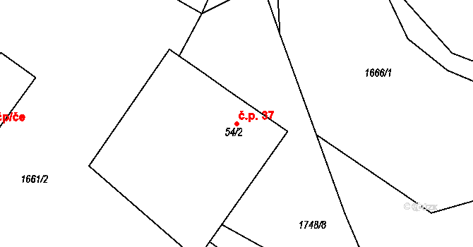 Borkovice 37 na parcele st. 54/2 v KÚ Borkovice, Katastrální mapa