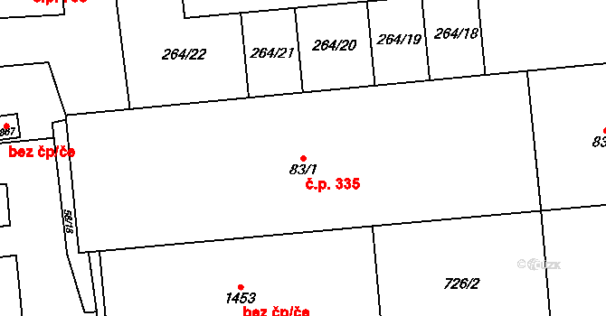 Rosice 335, Pardubice na parcele st. 83/1 v KÚ Rosice nad Labem, Katastrální mapa