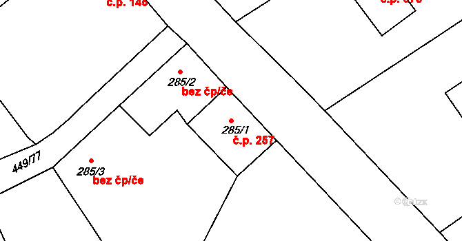 Merklín 257 na parcele st. 285/1 v KÚ Merklín u Přeštic, Katastrální mapa