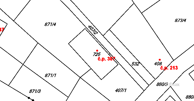 Debř 387, Mladá Boleslav na parcele st. 725 v KÚ Debř, Katastrální mapa