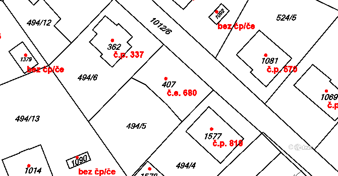 Šťáhlavy 680 na parcele st. 407 v KÚ Šťáhlavy, Katastrální mapa
