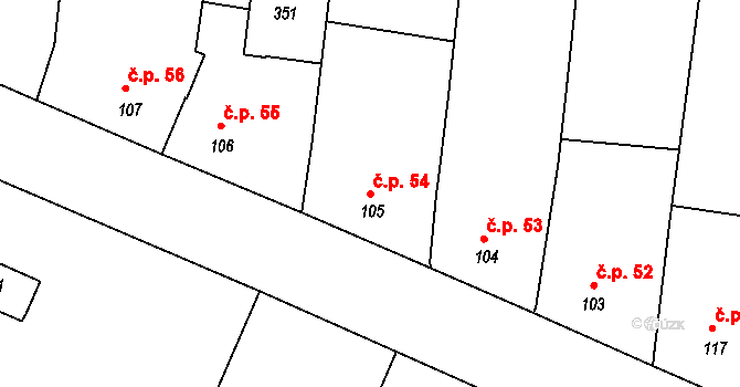 Trávník 54, Kroměříž na parcele st. 105 v KÚ Trávník, Katastrální mapa