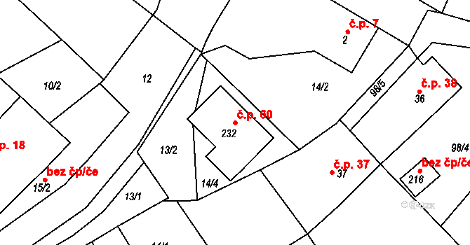 Rounek 60, Vyskytná nad Jihlavou na parcele st. 232 v KÚ Rounek, Katastrální mapa