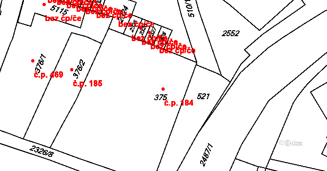 Hranice I-Město 184, Hranice na parcele st. 375 v KÚ Hranice, Katastrální mapa