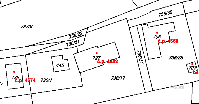 Kokonín 4462, Jablonec nad Nisou na parcele st. 727 v KÚ Kokonín, Katastrální mapa