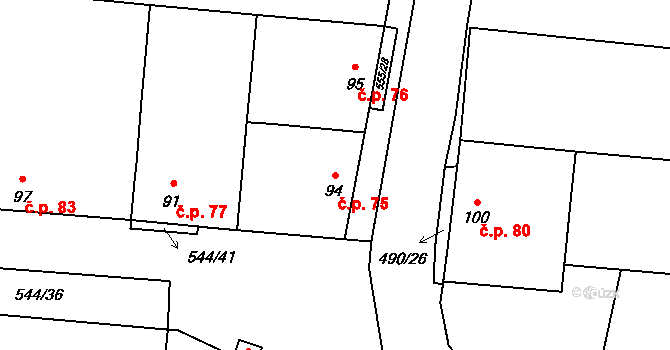 Miletice 75, Černuc na parcele st. 94 v KÚ Miletice u Velvar, Katastrální mapa