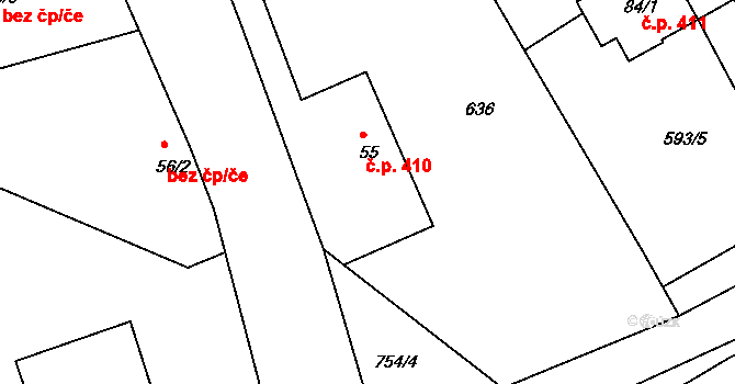 Olešovice 410, Kamenice na parcele st. 55 v KÚ Ládví, Katastrální mapa