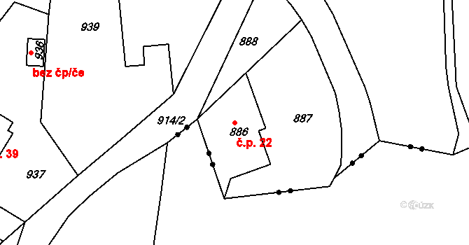 Neřežín 22, Chaloupky na parcele st. 886 v KÚ Chaloupky, Katastrální mapa