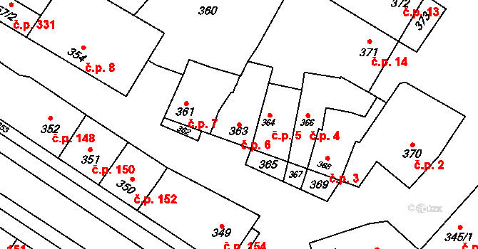 Křelov 6, Křelov-Břuchotín na parcele st. 363 v KÚ Křelov, Katastrální mapa