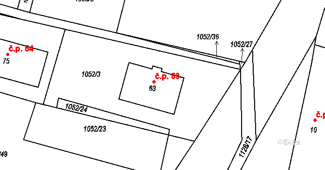 Drevníky 53 na parcele st. 63 v KÚ Drevníky, Katastrální mapa