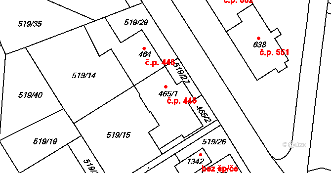 Jevíčko 445 na parcele st. 465/1 v KÚ Jevíčko-předměstí, Katastrální mapa