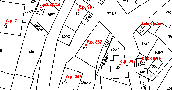 Rohozná 337 na parcele st. 386 v KÚ Rohozná u Poličky, Katastrální mapa