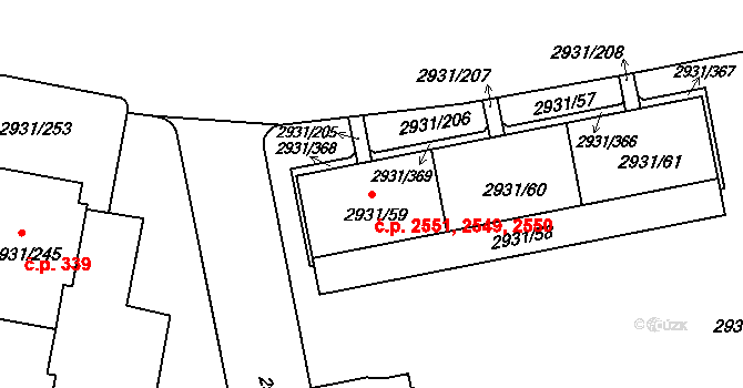 Žižkov 2549,2550,2551, Praha na parcele st. 2931/59 v KÚ Žižkov, Katastrální mapa