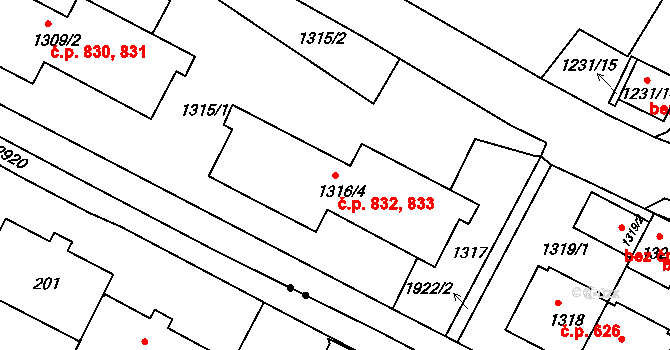 Podolí 832,833, Praha na parcele st. 1316/4 v KÚ Podolí, Katastrální mapa