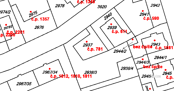 Modřany 781, Praha na parcele st. 2937 v KÚ Modřany, Katastrální mapa