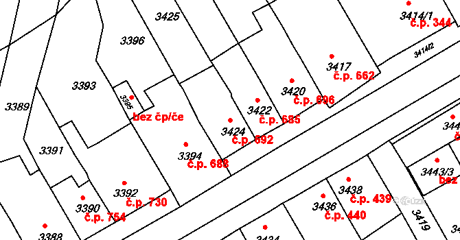 Jirkov 692 na parcele st. 3424 v KÚ Jirkov, Katastrální mapa