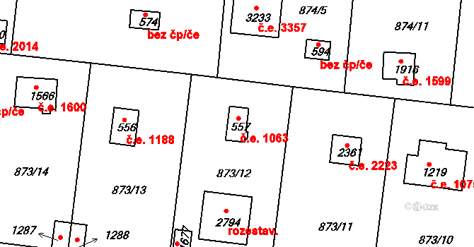 Litice 1063, Plzeň na parcele st. 557 v KÚ Valcha, Katastrální mapa