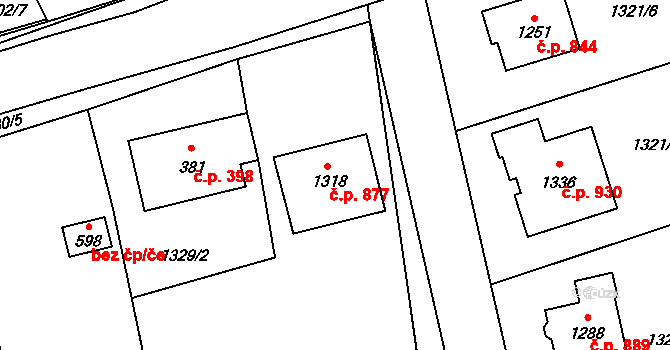 Lišov 877 na parcele st. 1318 v KÚ Lišov, Katastrální mapa