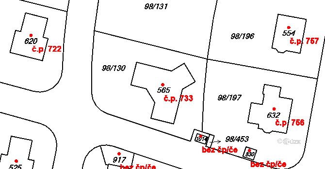 Bašť 733 na parcele st. 565 v KÚ Bašť, Katastrální mapa