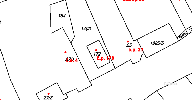 Brocno 178, Štětí na parcele st. 172 v KÚ Brocno, Katastrální mapa