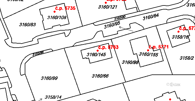 Chomutov 5763 na parcele st. 3160/145 v KÚ Chomutov II, Katastrální mapa