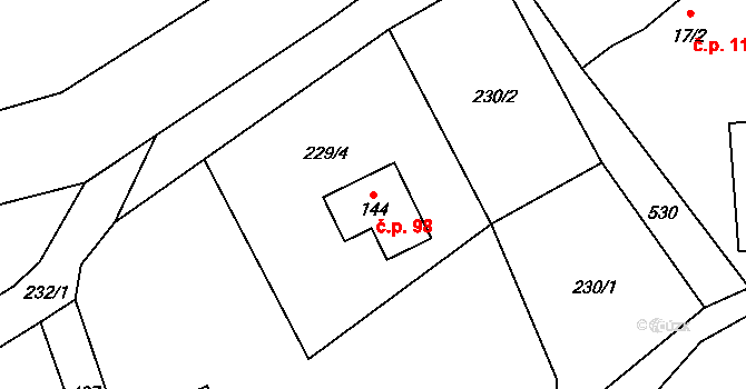 Lejšovka 98 na parcele st. 144 v KÚ Lejšovka, Katastrální mapa