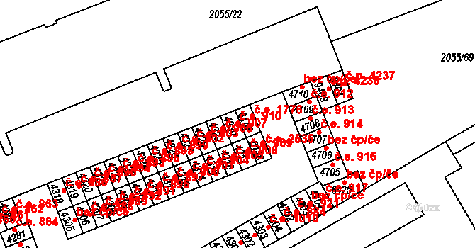 Hodonín 910 na parcele st. 4330 v KÚ Hodonín, Katastrální mapa