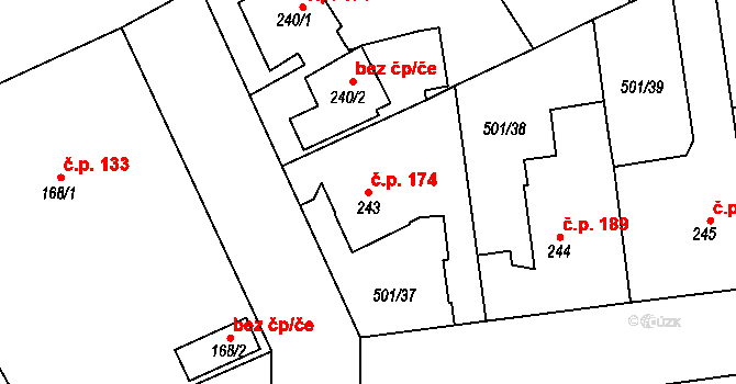 Horní Bříza 174 na parcele st. 243 v KÚ Horní Bříza, Katastrální mapa