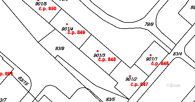 Neratovice 848 na parcele st. 901/3 v KÚ Neratovice, Katastrální mapa