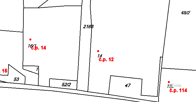 Dražice 12 na parcele st. 14 v KÚ Dražice u Tábora, Katastrální mapa