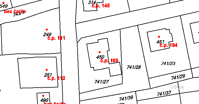 Dolní Kamenice 185, Česká Kamenice na parcele st. 450 v KÚ Dolní Kamenice, Katastrální mapa