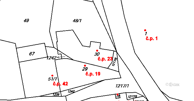 Kozlovice 23 na parcele st. 30 v KÚ Kozlovice u Nepomuka, Katastrální mapa