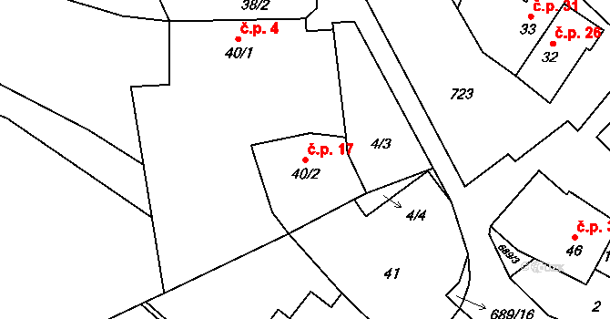 Kunice 17 na parcele st. 40/2 v KÚ Kunice, Katastrální mapa