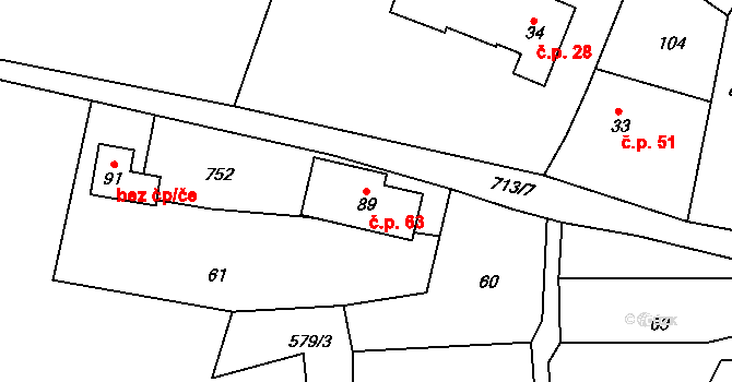Proruby 63 na parcele st. 89 v KÚ Proruby u Potštejna, Katastrální mapa