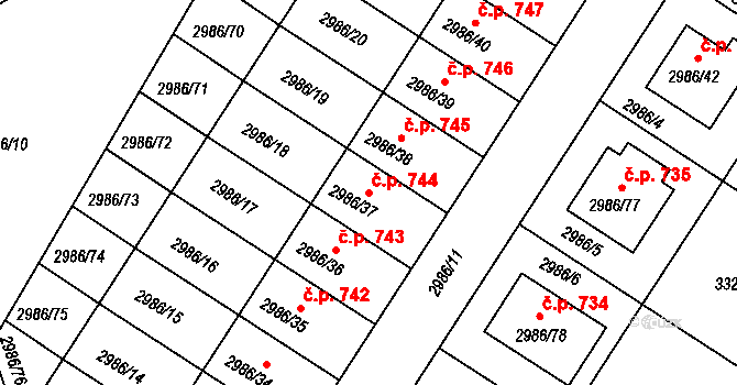 Kamenice nad Lipou 744 na parcele st. 2986/37 v KÚ Kamenice nad Lipou, Katastrální mapa