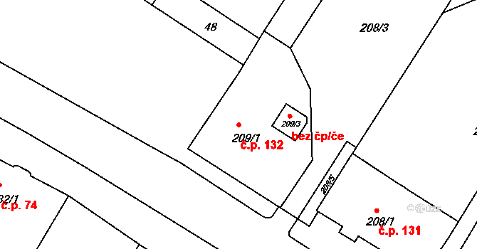 Bystřice pod Hostýnem 132 na parcele st. 209/1 v KÚ Bystřice pod Hostýnem, Katastrální mapa