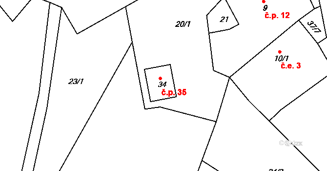 Popovice 35, Teplá na parcele st. 34 v KÚ Popovice u Poutnova, Katastrální mapa