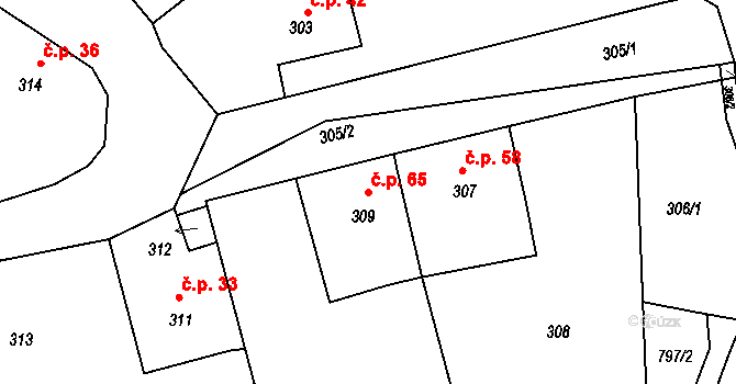 Lomnička 65 na parcele st. 309 v KÚ Lomnička u Tišnova, Katastrální mapa