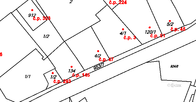 Pchery 47 na parcele st. 4/2 v KÚ Pchery, Katastrální mapa