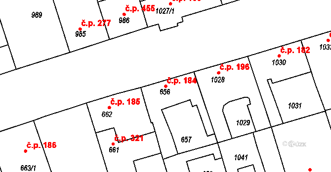 Buštěhrad 184 na parcele st. 656 v KÚ Buštěhrad, Katastrální mapa