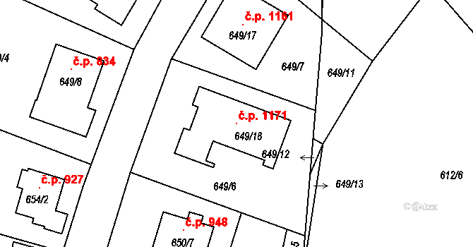 Ruzyně 1171, Praha na parcele st. 649/18 v KÚ Ruzyně, Katastrální mapa