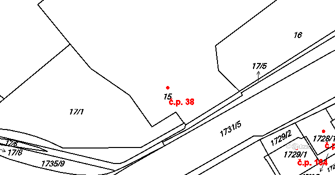 Třanovice 38 na parcele st. 15 v KÚ Třanovice, Katastrální mapa