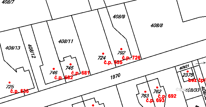 Třebechovice pod Orebem 635 na parcele st. 724 v KÚ Třebechovice pod Orebem, Katastrální mapa