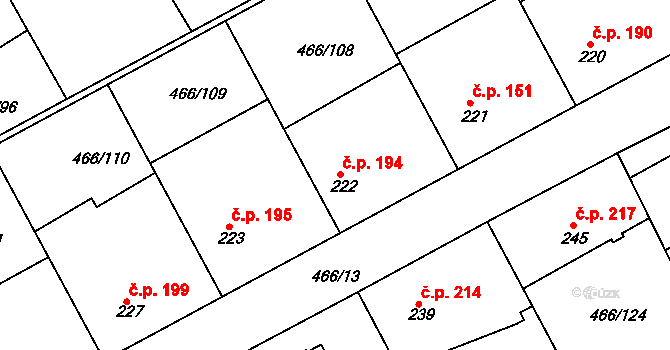 Broumy 194 na parcele st. 222 v KÚ Broumy, Katastrální mapa