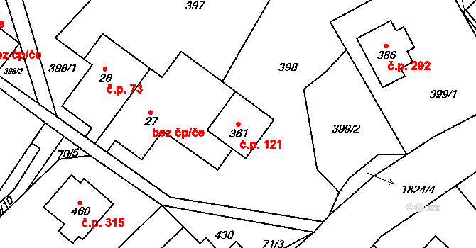 Chuchelna 121 na parcele st. 361 v KÚ Chuchelna, Katastrální mapa