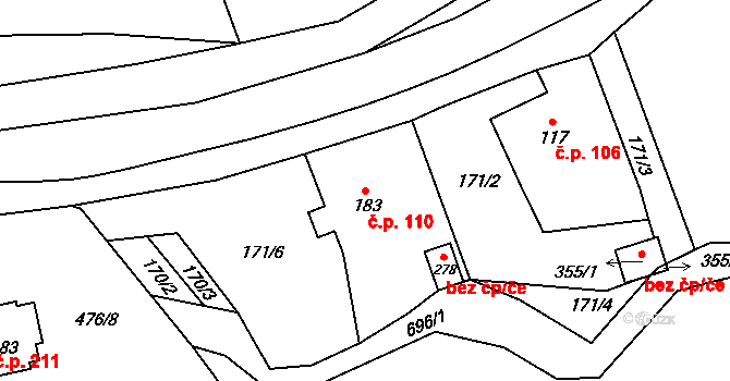 Bynina 110, Valašské Meziříčí na parcele st. 183 v KÚ Bynina, Katastrální mapa