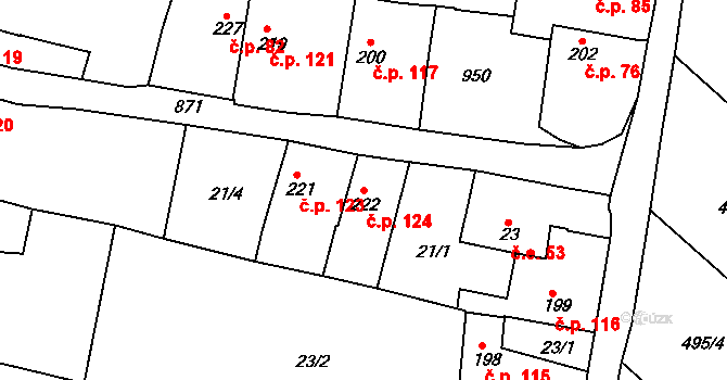 Dolánky nad Ohří 124 na parcele st. 222 v KÚ Dolánky nad Ohří, Katastrální mapa