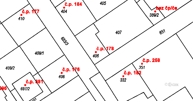 Třebestovice 178 na parcele st. 406 v KÚ Třebestovice, Katastrální mapa