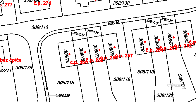 Radonice 255 na parcele st. 308/77 v KÚ Radonice u Kadaně, Katastrální mapa
