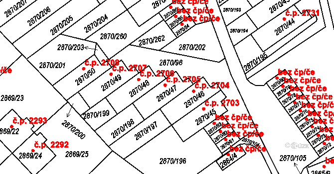 Teplice 2705 na parcele st. 2870/47 v KÚ Teplice, Katastrální mapa